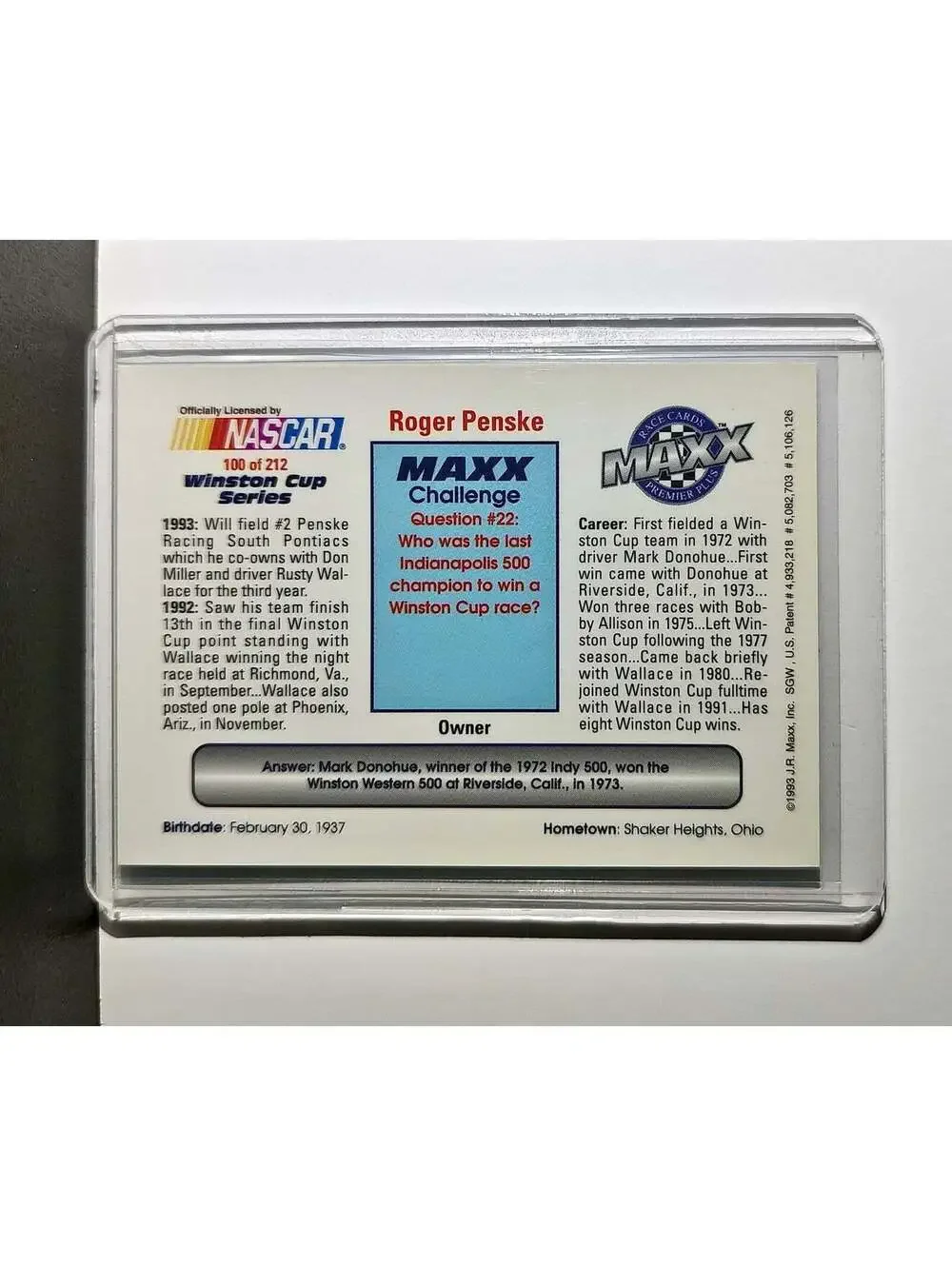 Roger Penske 1993 Maxx Premier Plus Racing #100 NASCAR Card Penske Racing South